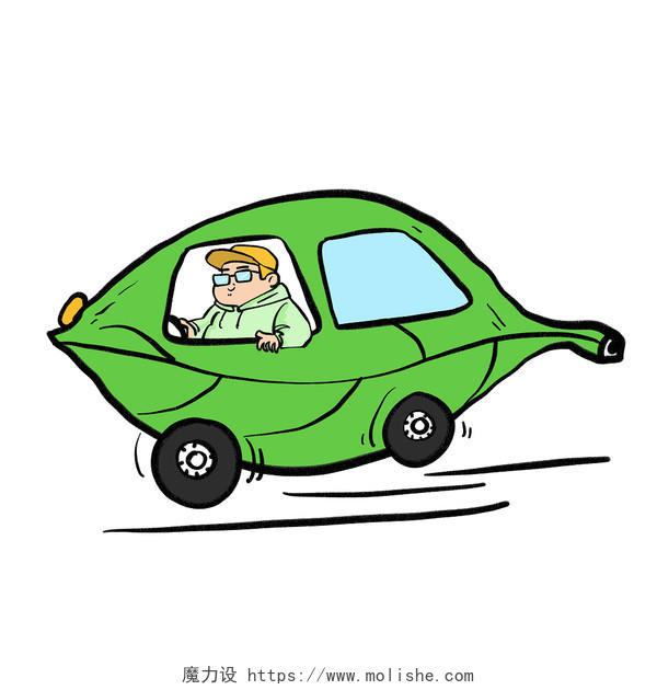 简单漫画卡通人物开车树叶环保绿色出行插画